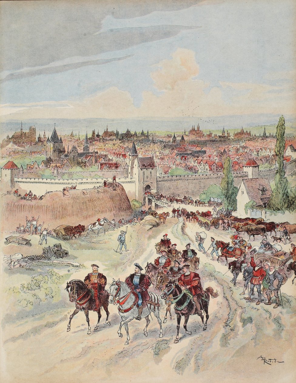 Franciszek I podczas inspekcji pracy na murach obronnych Paryża, ilustracja z „Francois Ier: Le Roi Chevalier, George G. Toudouze, wyd. 1909 autorstwa Albert Robida
