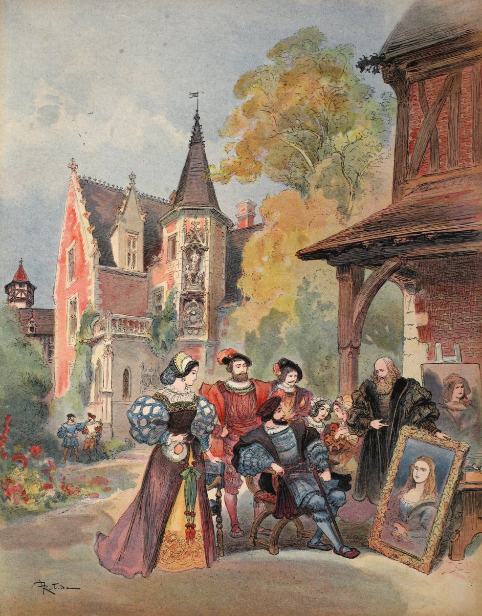 Leonardo da Vinci wręcza Mona Lisę Franciszkowi I, ilustracja z „Francois Ier: Le Roi Chevalier, George G. Toudouze, wyd. 1909 autorstwa Albert Robida