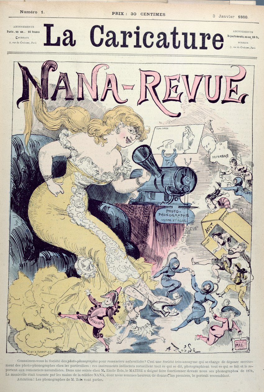 „Nana-Revue”, karykatura twórczości Emila Zoli i powieści realistycznych, z „La Caricature”, 3 stycznia 1880 autorstwa Albert Robida