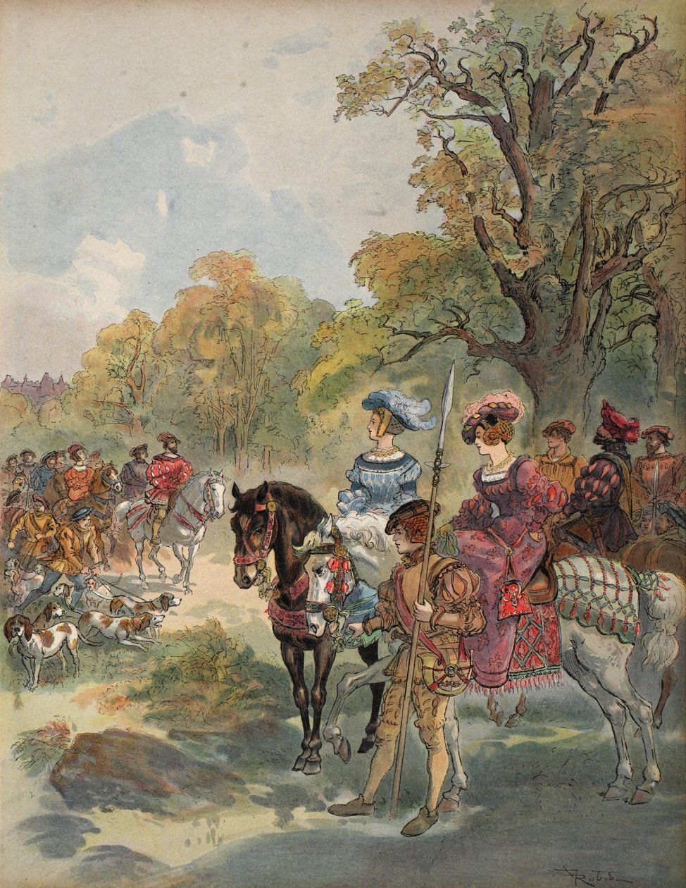 Polowanie królewskie, ilustracja z "Francois Ier: Le Roi Chevalier, George G. Toudouze, pub. 1909 autorstwa Albert Robida