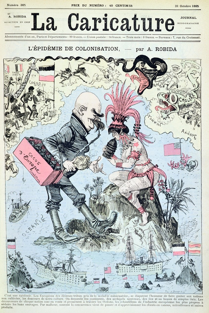 Epidemia kolonizacji, z „La Caricature”, rycina Yves und Barret, 31 października 1885 autorstwa Albert Robida