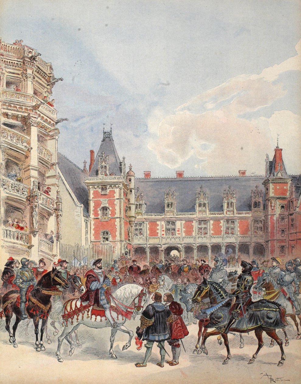 Dwór w pałacach Loary, ilustracja z „Francois Ier: Le Roi Chevalier, George G. Toudouze, wyd. 1909 autorstwa Albert Robida