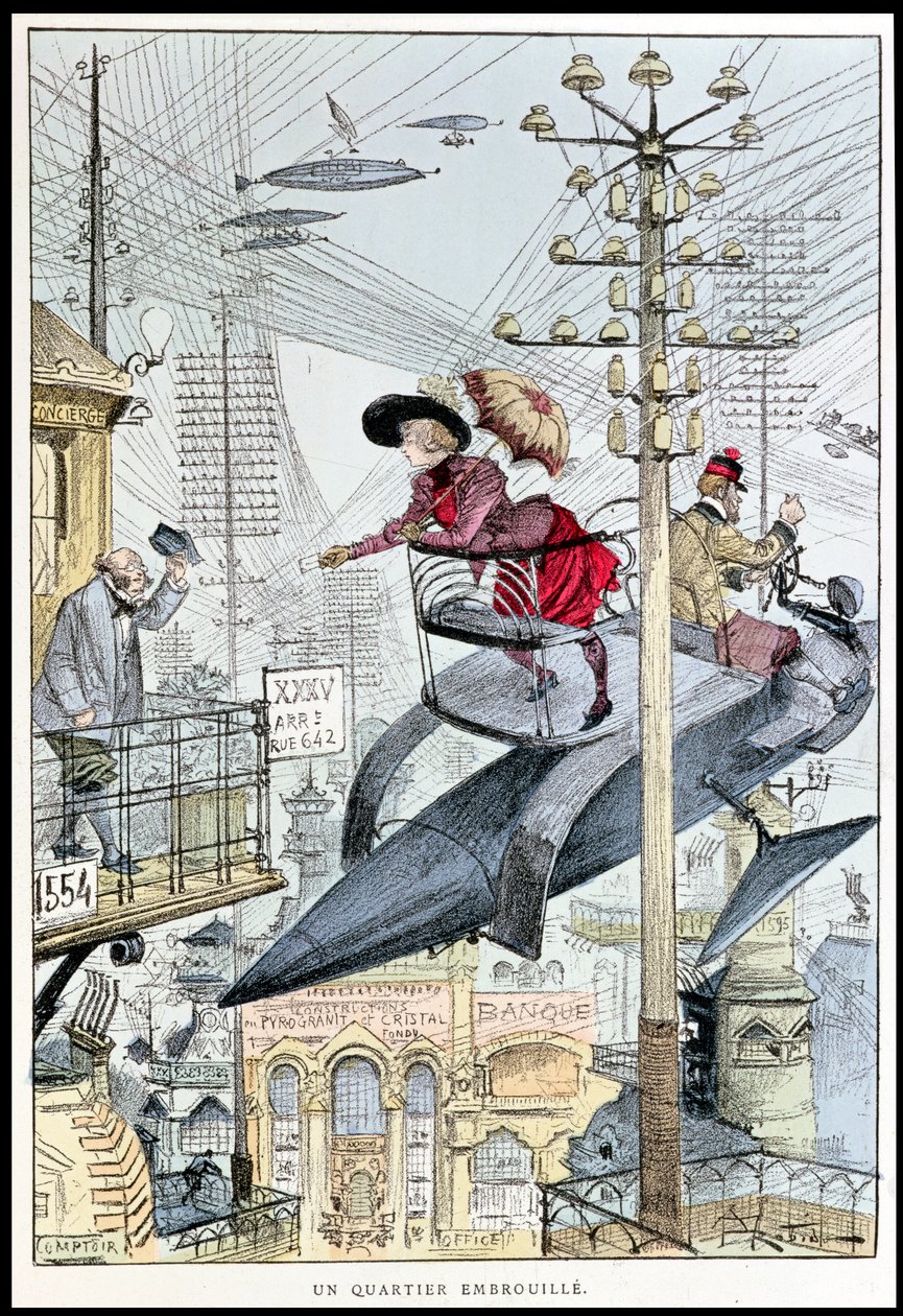 „Un Quartier Embrouille”, karykatura XX wieku, z „Le XXeme Siecle”, ok. 1890 autorstwa Albert Robida