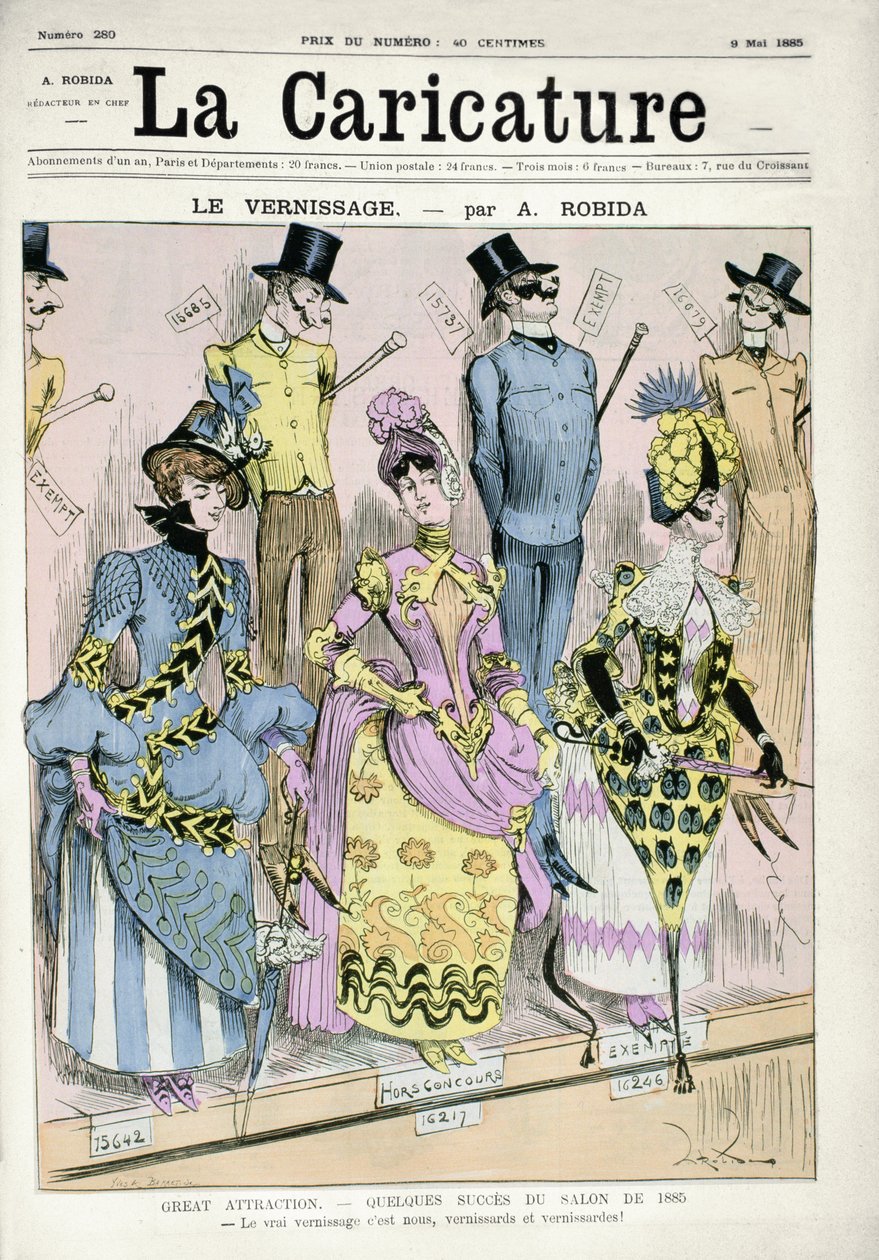 „Dzień lakierowania”, ilustracja na okładce magazynu „La Caricature”, 9 maja 1885 (kolor grawerowany) autorstwa Albert Robida