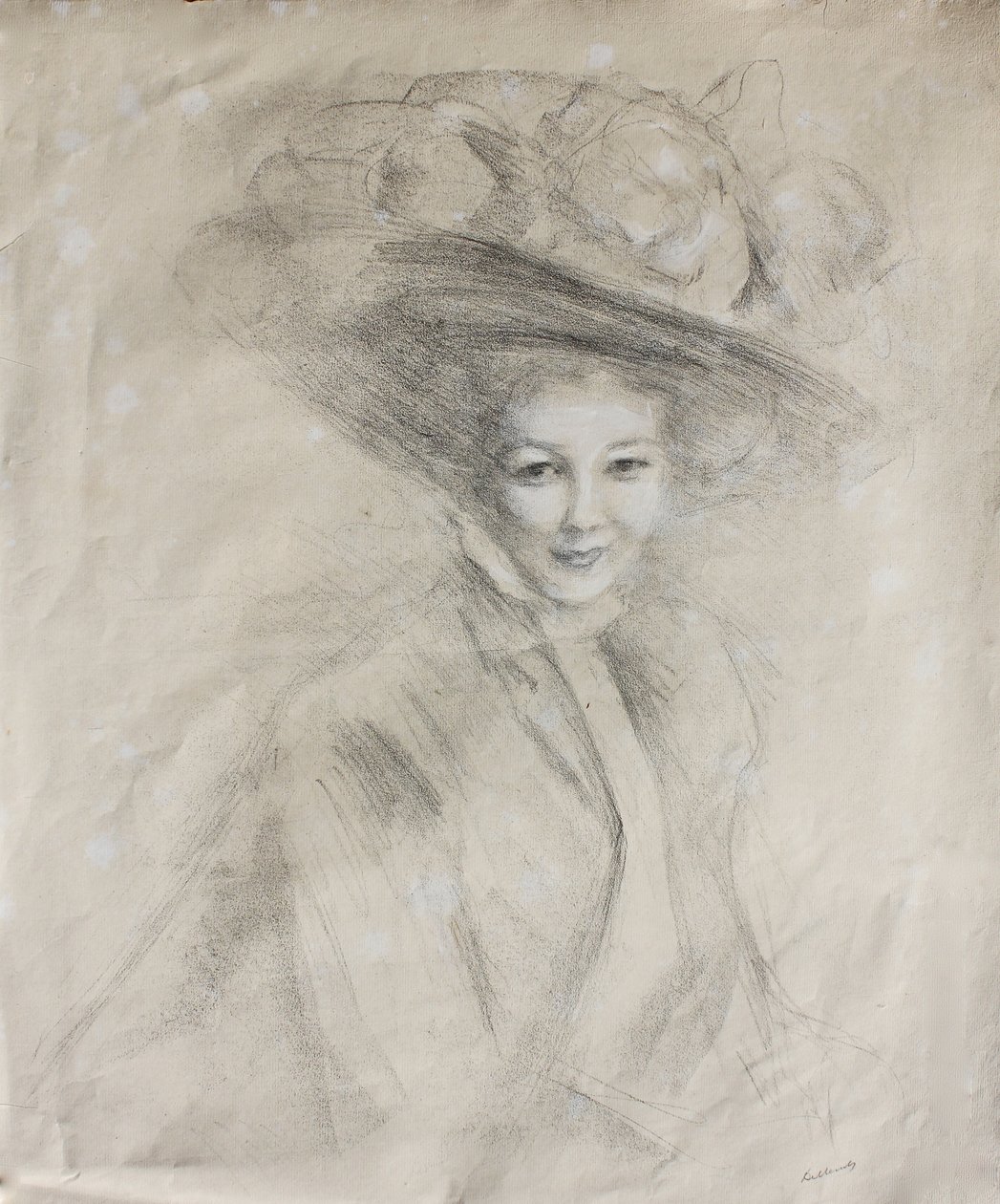 Portret kobiety w kapeluszu z pełnym rondem ozdobionym muślinem, ok. 1905 (czarna kreda z białymi refleksami na papierze) autorstwa Albert de Belleroche