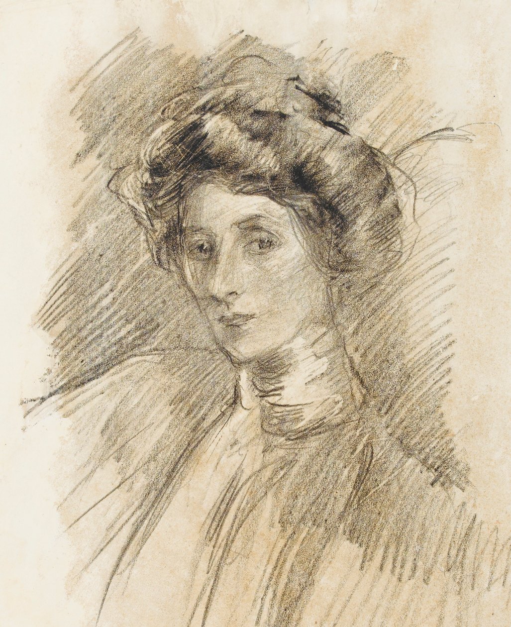Portret kobiety z wysokim kołnierzem, głowa i ramiona, ok. 1905 (kredka litograficzna na papierze transferowym) autorstwa Albert de Belleroche