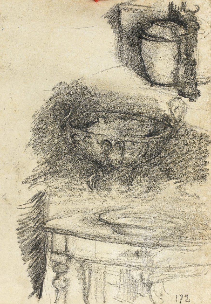 Martwa natura przyborów kuchennych, ok. 1890 (czarna kreda na papierze) autorstwa Albert de Belleroche