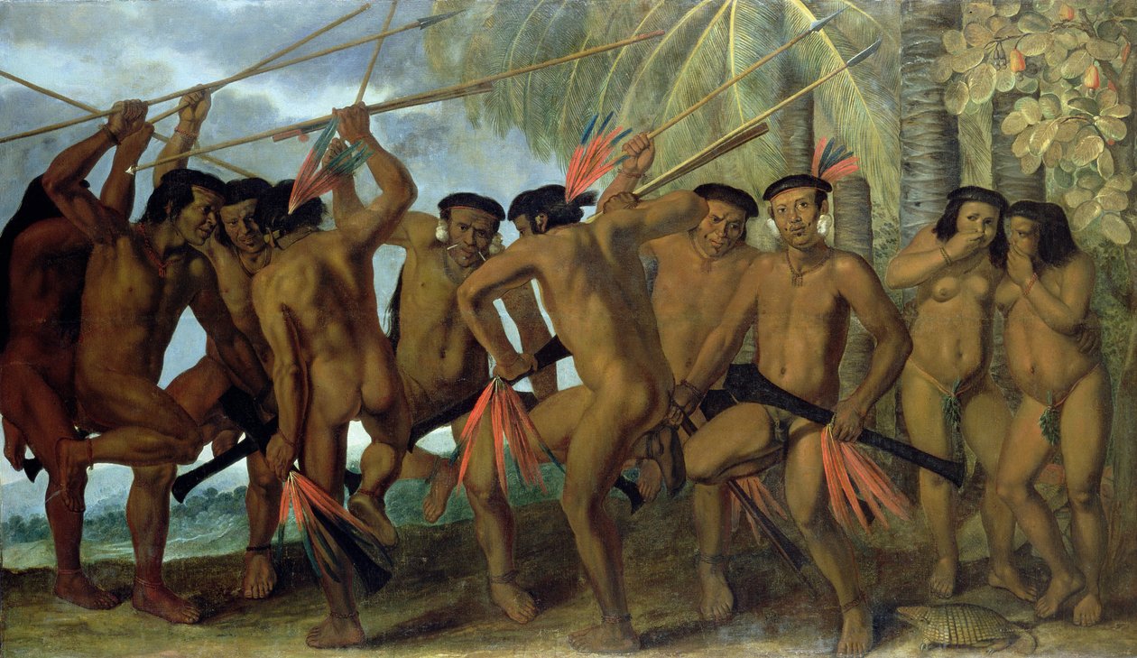 Mężczyźni Tapuya z północno-wschodniej Brazylii w tańcu wojennym, 1641 autorstwa Albert van der Eeckhout
