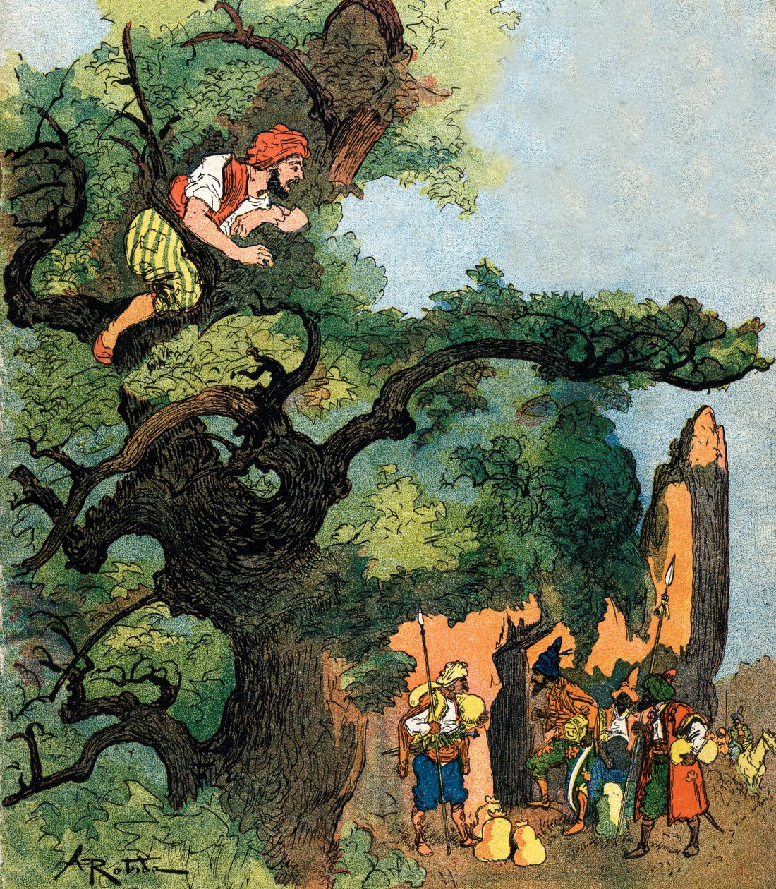 Ali Baba słyszy, jak grupa czterdziestu złodziei odwiedza ich sklep ze skarbami Ilustracja autorstwa Alberta Robidy do kolekcji prywatnej Ali Baba and the Forty Thieves 1945 autorstwa Albert (after) Robida