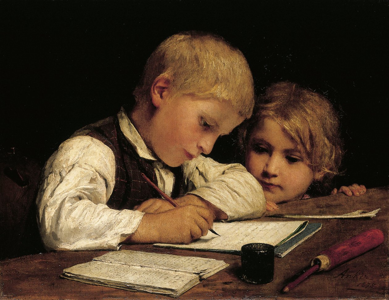 Chłopiec piszący z siostrą, 1875 autorstwa Albert Anker