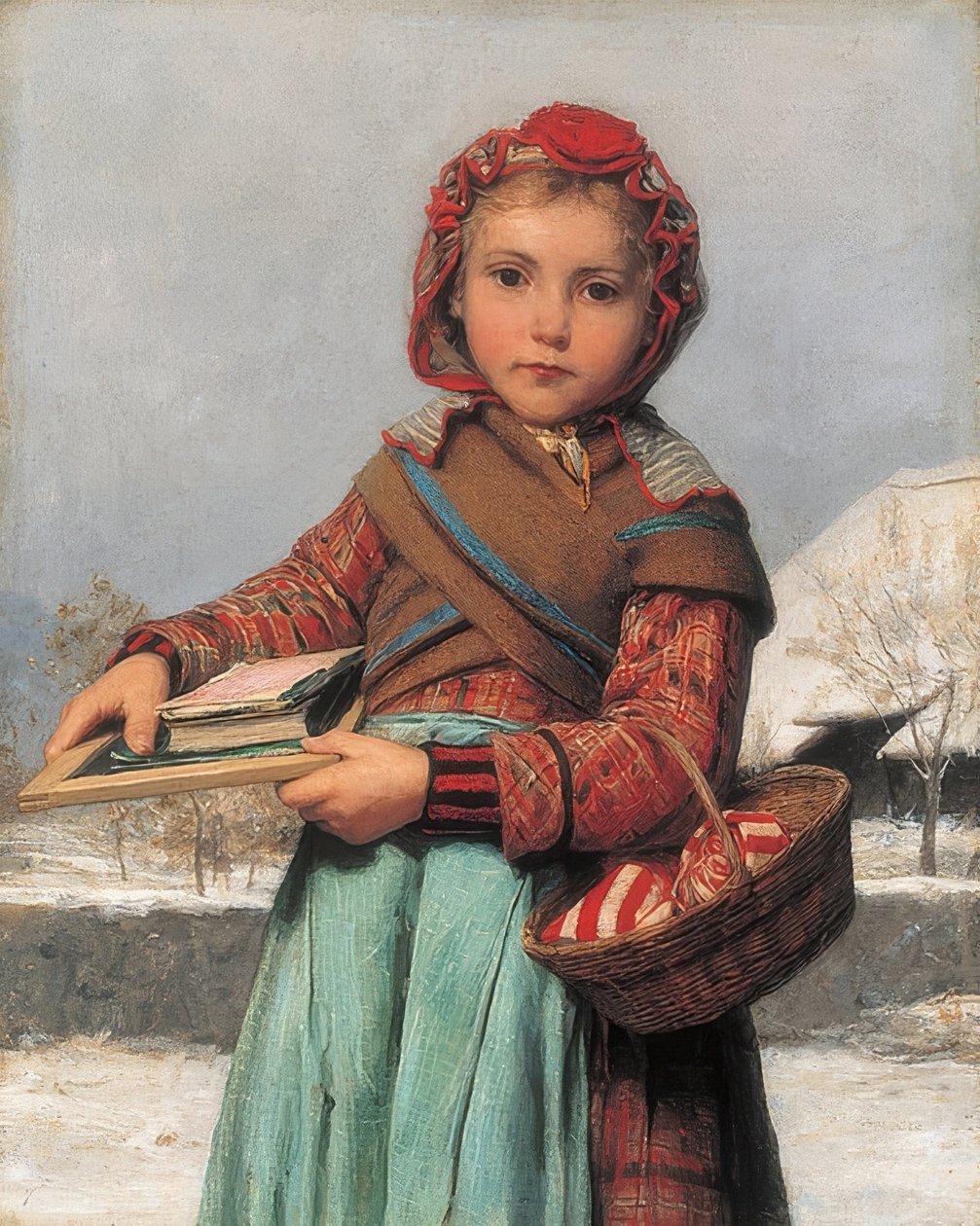 Uczennica z tabliczką i koszykiem do szycia. 1878 autorstwa Albert Anker