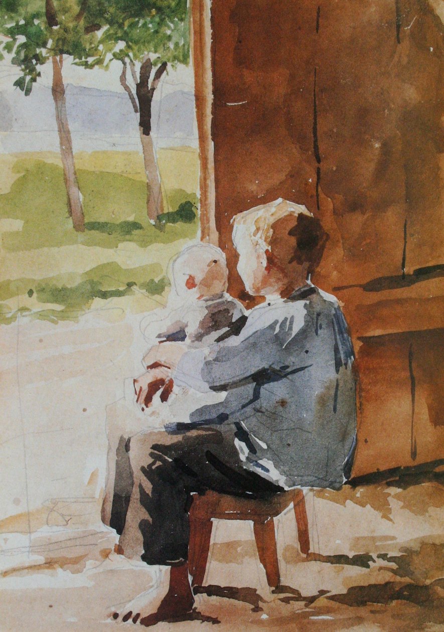 Młody chłopiec niosący dziecko na kolanach autorstwa Albert Anker