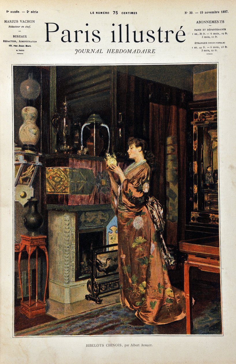 Chińskie drobiazgi Europejka ubrana w orientalne stroje przygląda się swojej kolekcji chińskich przedmiotów. Ilustracja Alberta Aubleta (1851-1938). Rycina z 1887 r. w tygodniku „Paryż-Prześwietny””. autorstwa Albert Aublet
