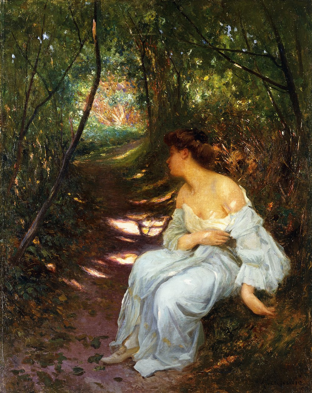 Młoda kobieta siedząca na zalesionej ścieżce, 1908 autorstwa Albert Auguste Fourie