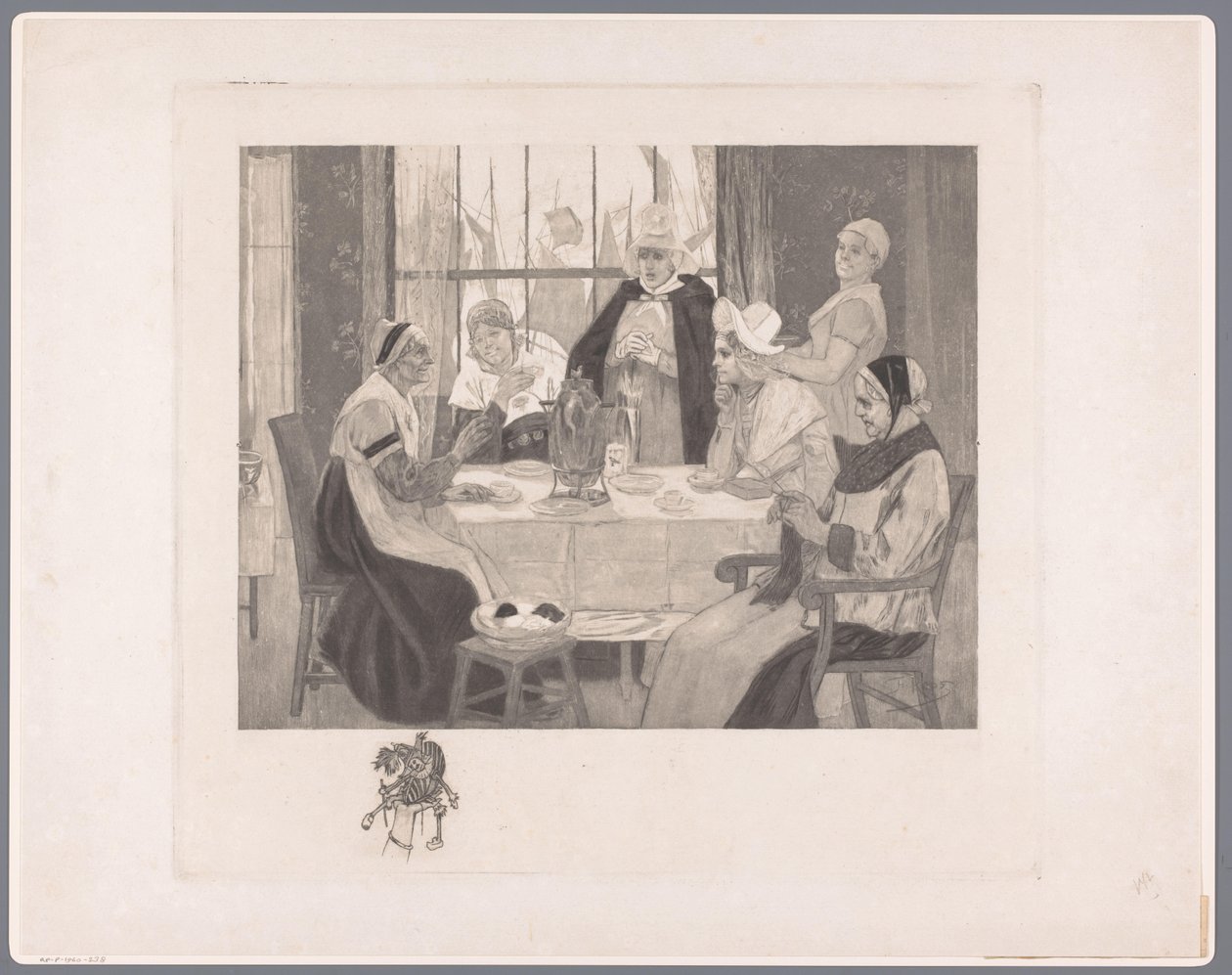 Towarzystwo kobiet w tradycyjnych strojach przy stole skandale autorstwa Albert Bertrand (attributed to)