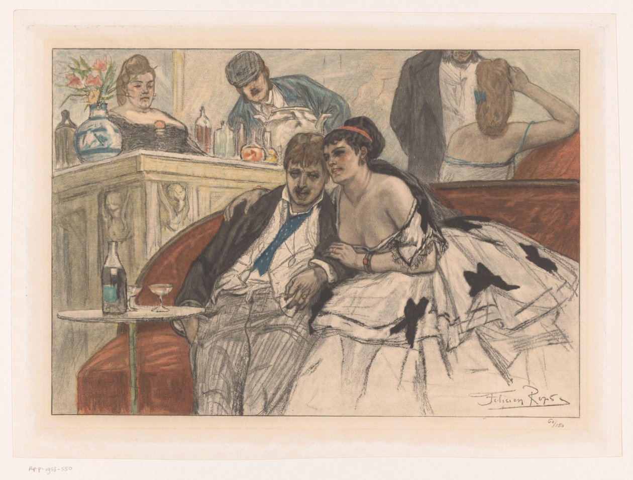 Mężczyzna i kobieta siedzą na czerwonej kanapie przy barze w teatrze Le Gandin ivre autorstwa Albert Bertrand (attributed to)