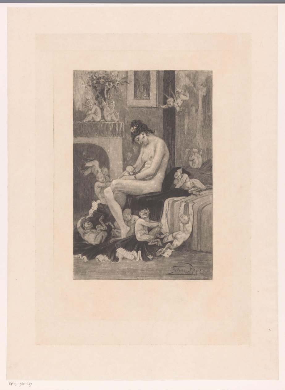 Naga kobieta na skraju łóżka otoczona bawiącymi się demonami La Mere aux Satyrions autorstwa Albert Bertrand (attributed to)