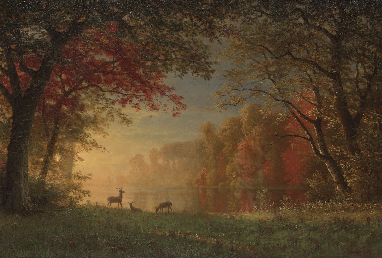 Indyjski zachód słońca: jeleń nad jeziorem, ok. 1880-90 autorstwa Albert Bierstadt