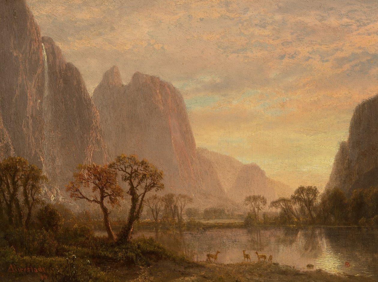Wodospad Sentinel i szczyty Cathedral Peaks w dolinie Yosemite autorstwa Albert Bierstadt