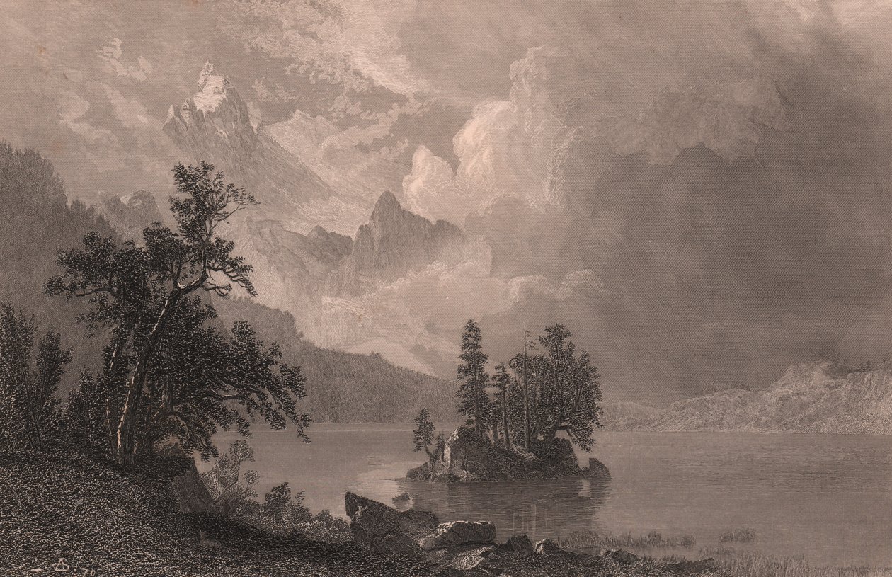 Widok na jezioro Esther, Sierra Nevada, Kalifornia, Stany Zjednoczone, staloryt Roberta Hinshelwooda (1812-po 1875) po malowaniu Alberta Bierstadta (1830-1902), ok. 19x14 cm autorstwa Albert Bierstadt
