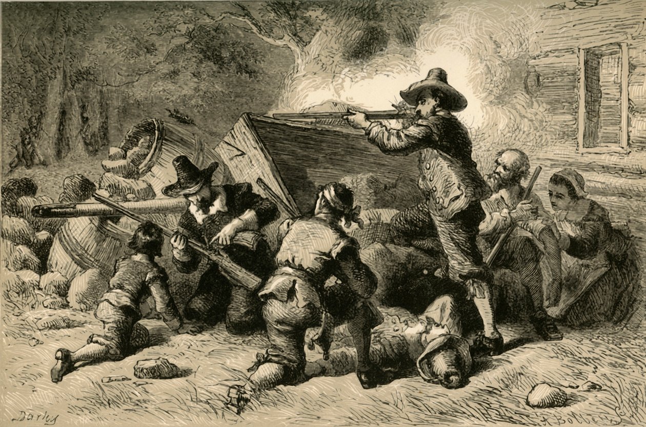 Wirginianie bronią się przed Indianami, 1877. autorstwa Albert Bobbett
