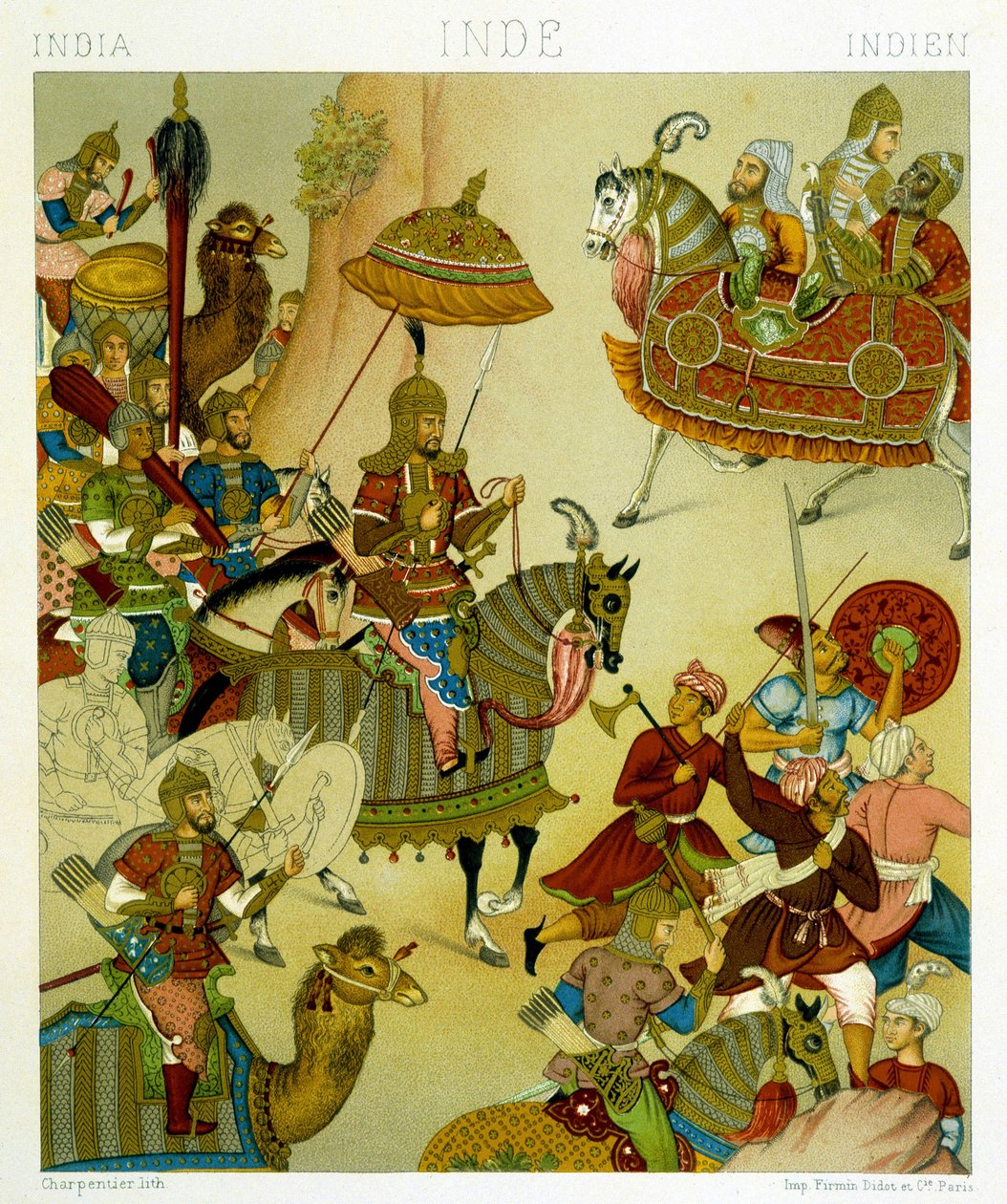 XVI-wieczne garnitury wojenne w Indiach. Płyta chromolitograficzna - w „Le costume historique” Racinet autorstwa Albert Charles August Racinet