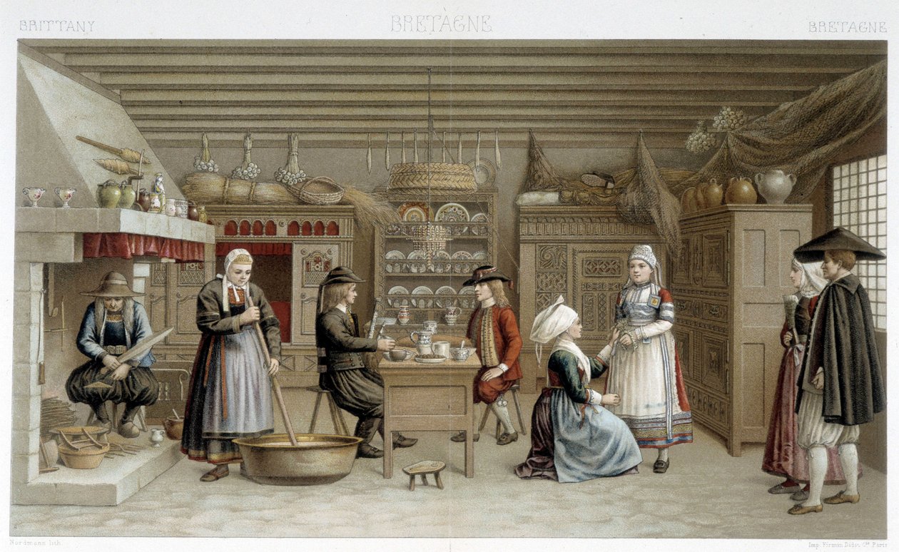 XIX-wieczne kostiumy bretońskie i wnętrze – w „Le costume ancien et historique” autorstwa Racineta autorstwa Albert Charles August Racinet
