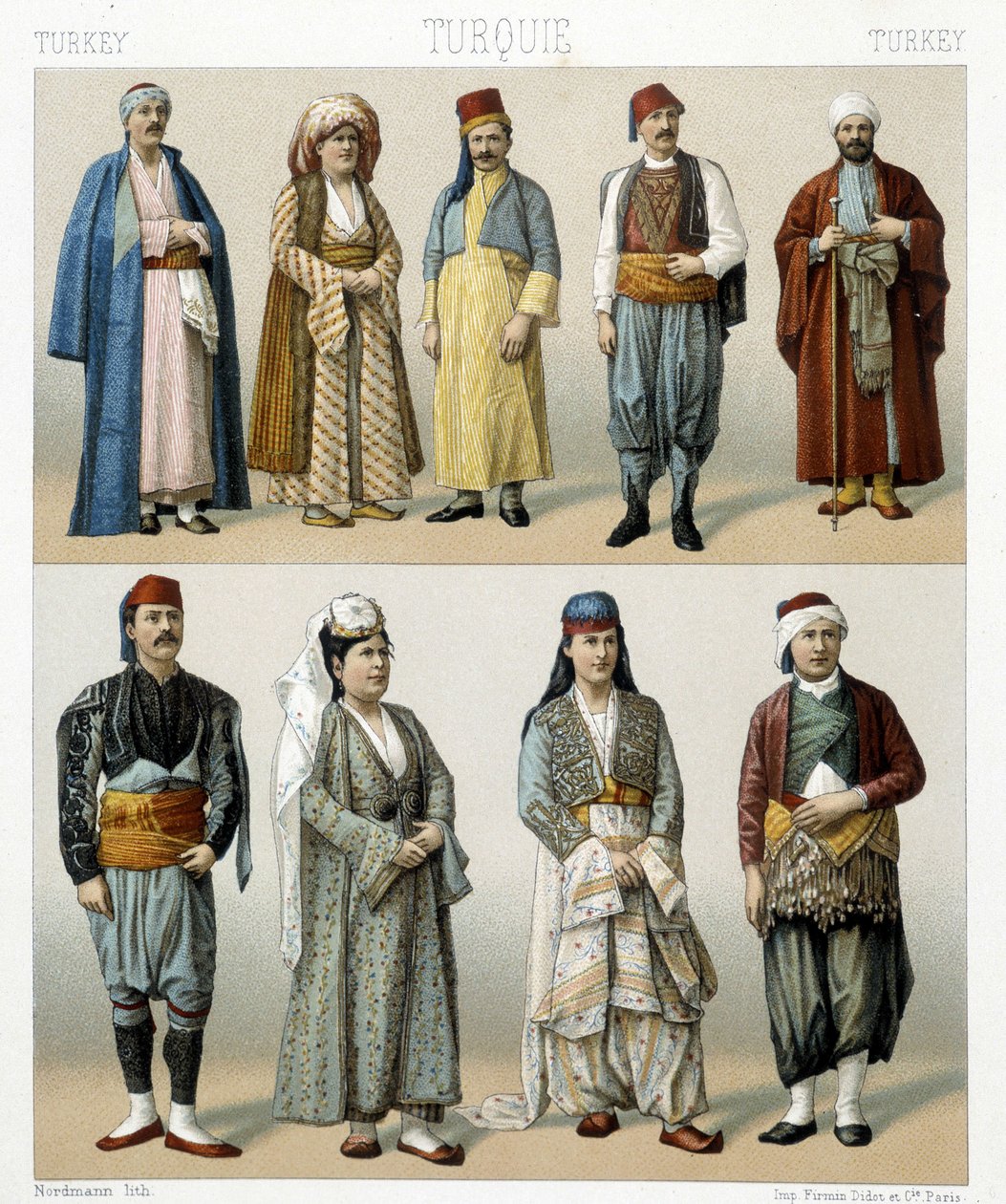 Stroje tureckie z XIX wieku. Ilustracja w „Le costume historique” Racinet autorstwa Albert Charles August Racinet