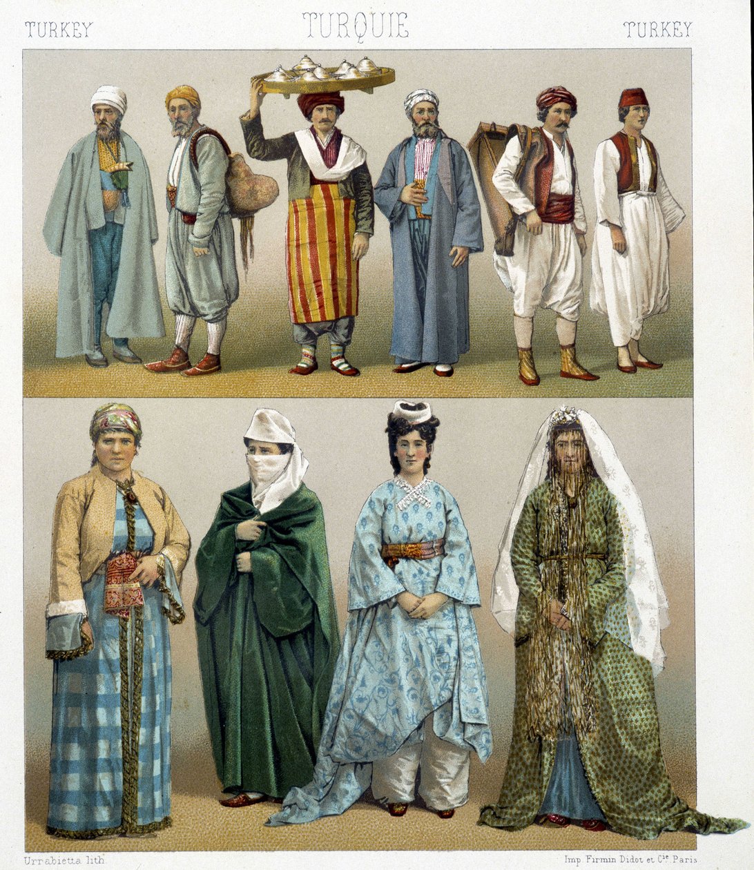 Stroje tureckie z XIX wieku. Ilustracja w „Le costume historique” Racinet autorstwa Albert Charles August Racinet