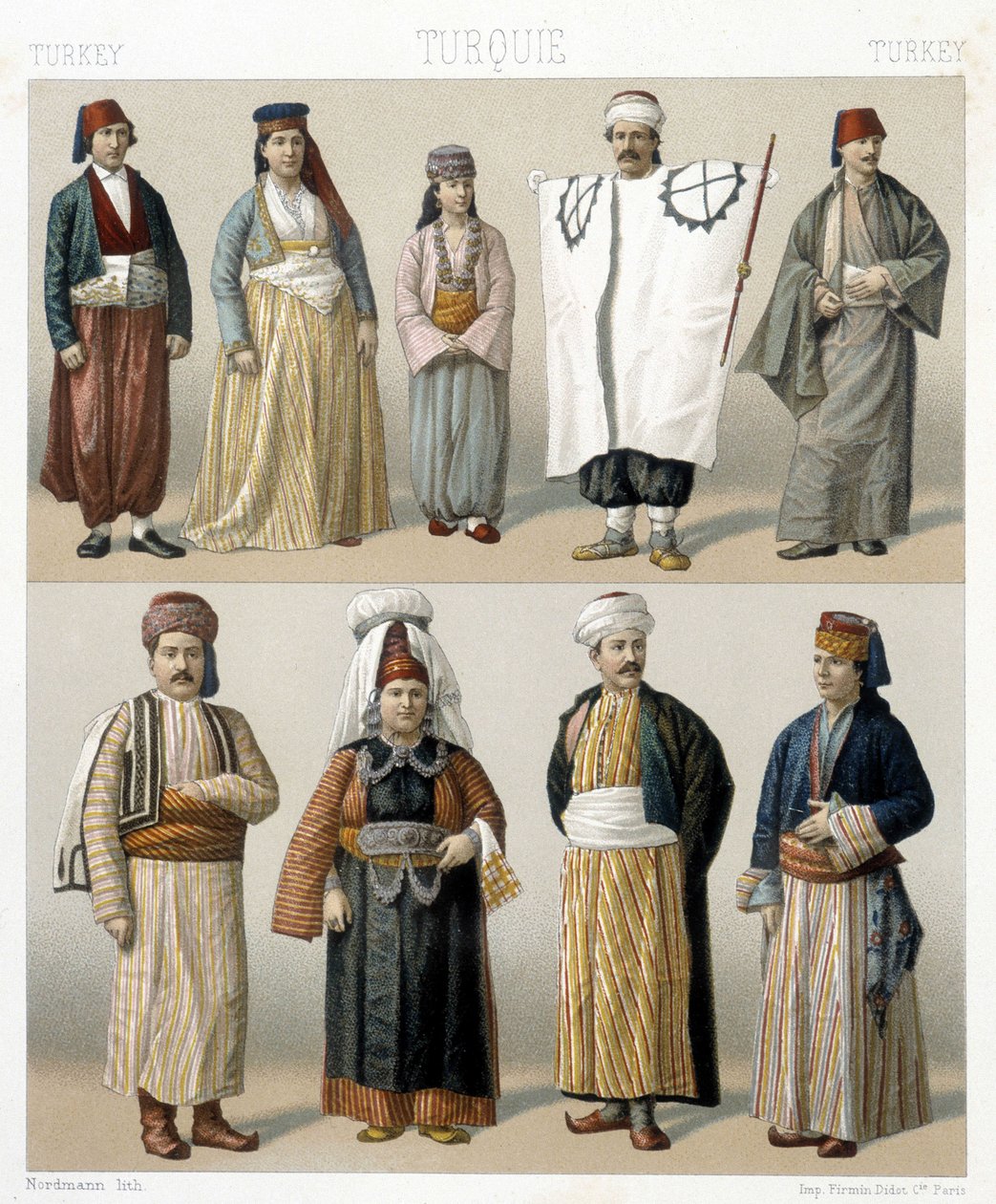 Stroje tureckie z XIX wieku. Ilustracja w „Le costume historique” Racinet autorstwa Albert Charles August Racinet