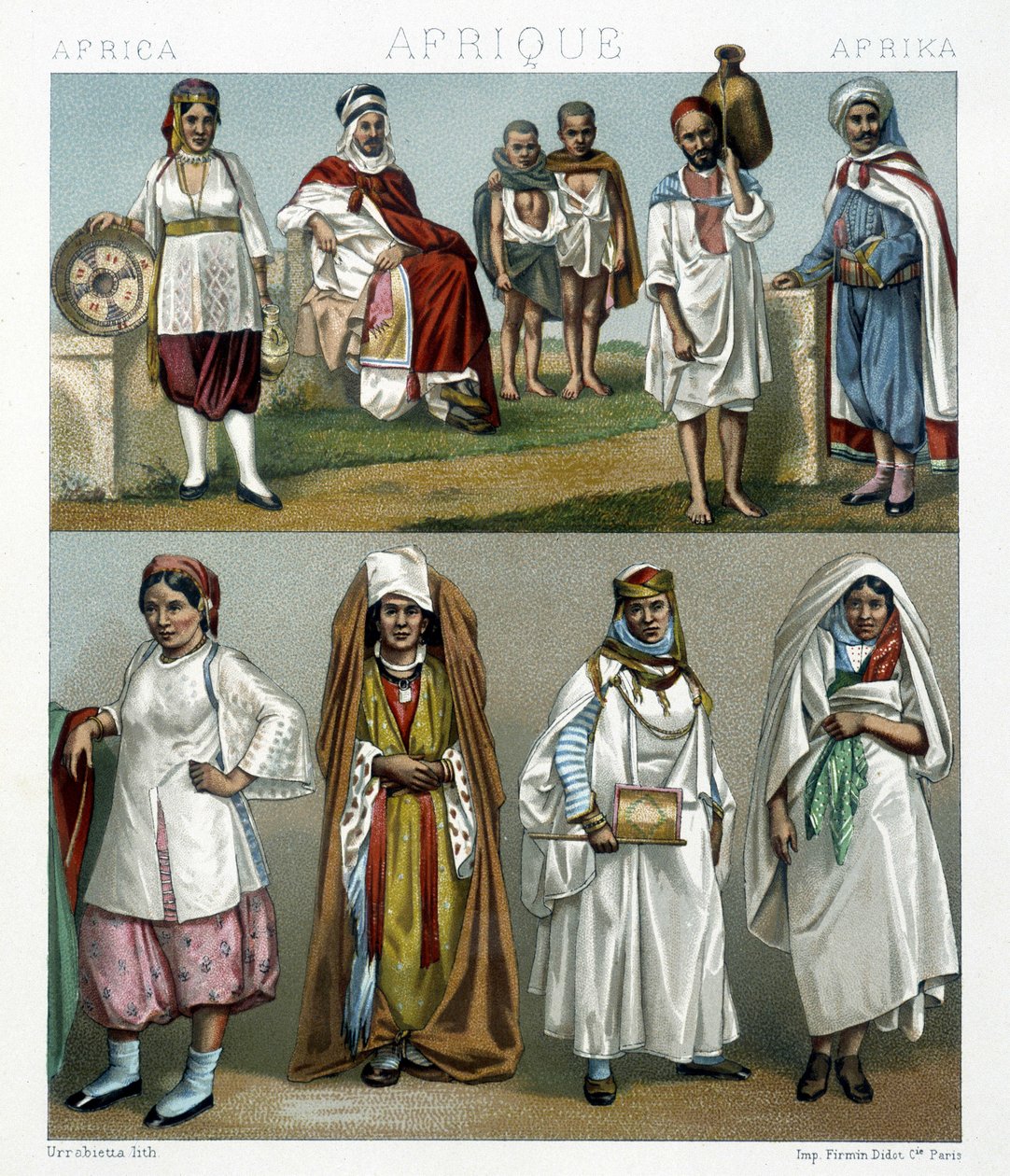 Kostiumy Barbary (Afryka). Ilustracja w „”Strój historyczny”” Racinet autorstwa Albert Charles August Racinet