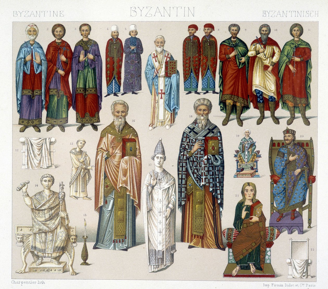 Stroje bizantyjskie. Ilustracja w „Strój historyczny” Racinet autorstwa Albert Charles August Racinet