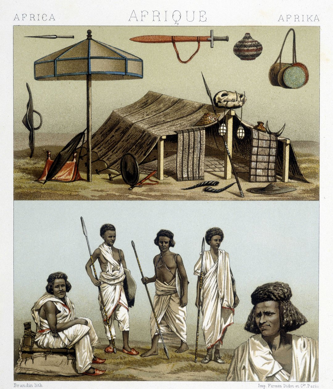 Odzież obozowa i tradycyjna z Nubii. Ilustracja w „Le costume historique” autorstwa Racinet autorstwa Albert Charles August Racinet