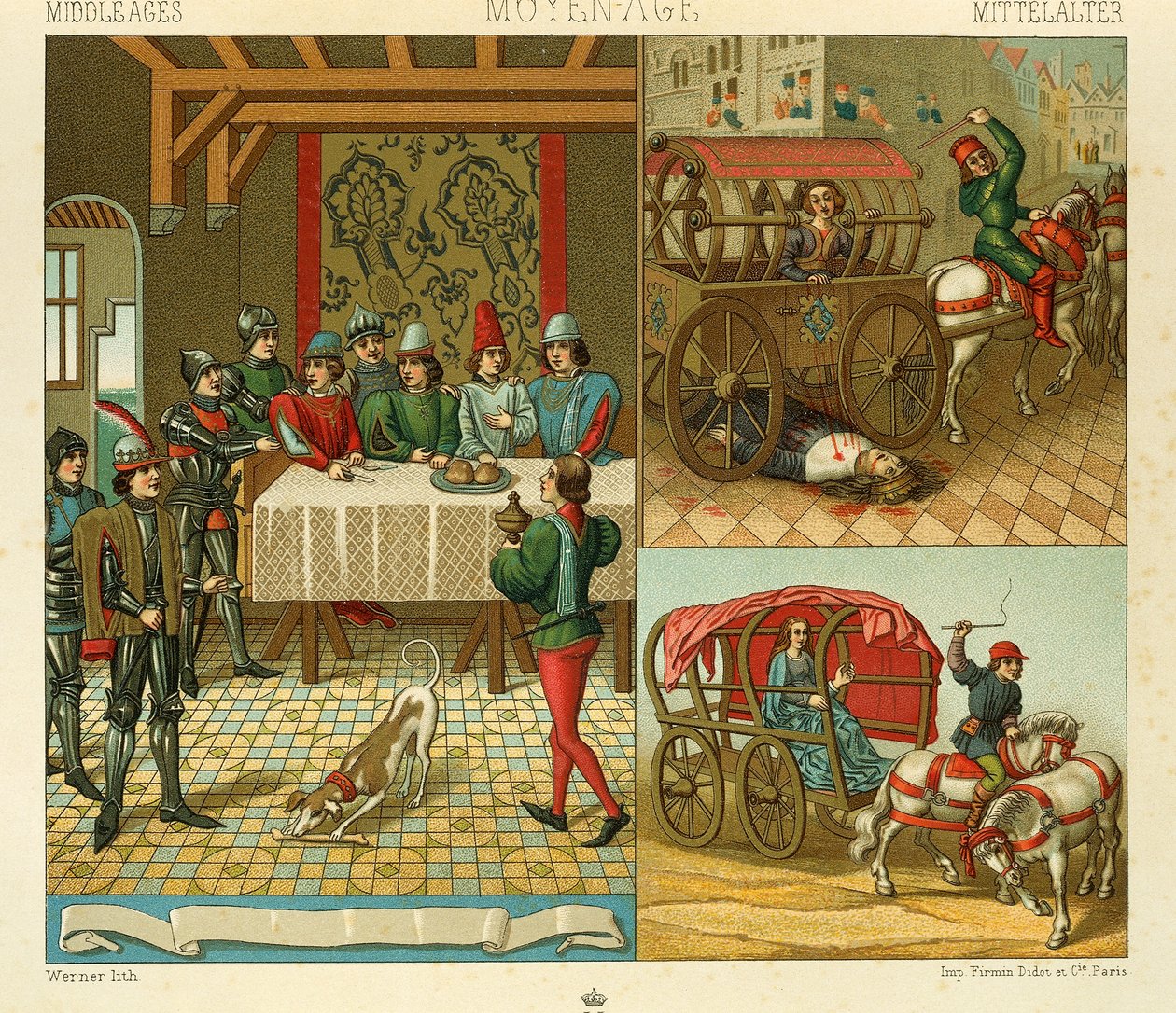 Życie w zamku i środki transportu w XIV wieku, ilustracja z książki Racinet Auguste „Pełna historia kostiumów” autorstwa Albert Charles August Racinet