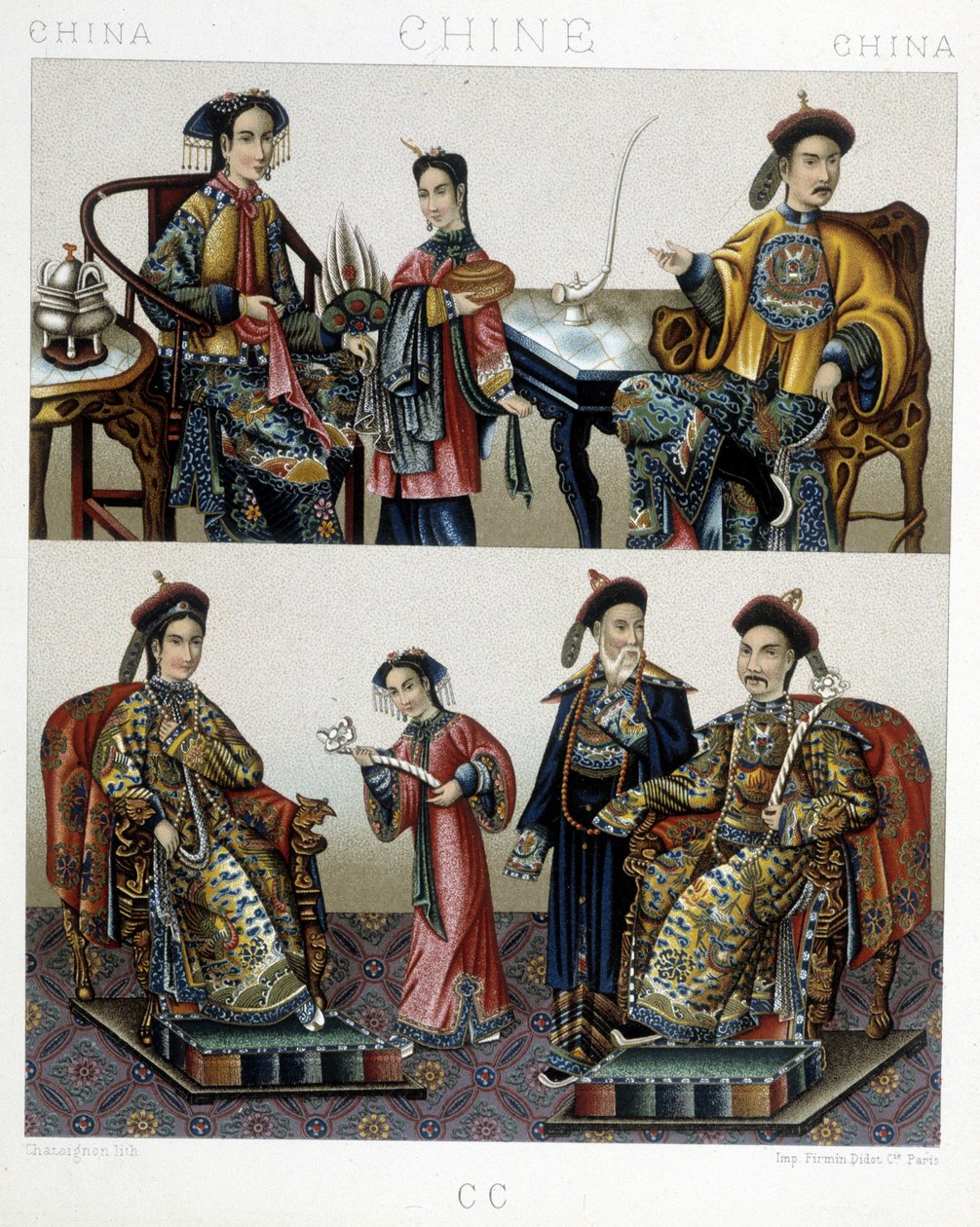 Chińska arystokracja - w „”Le costume historique”” Racinet autorstwa Albert Charles August Racinet
