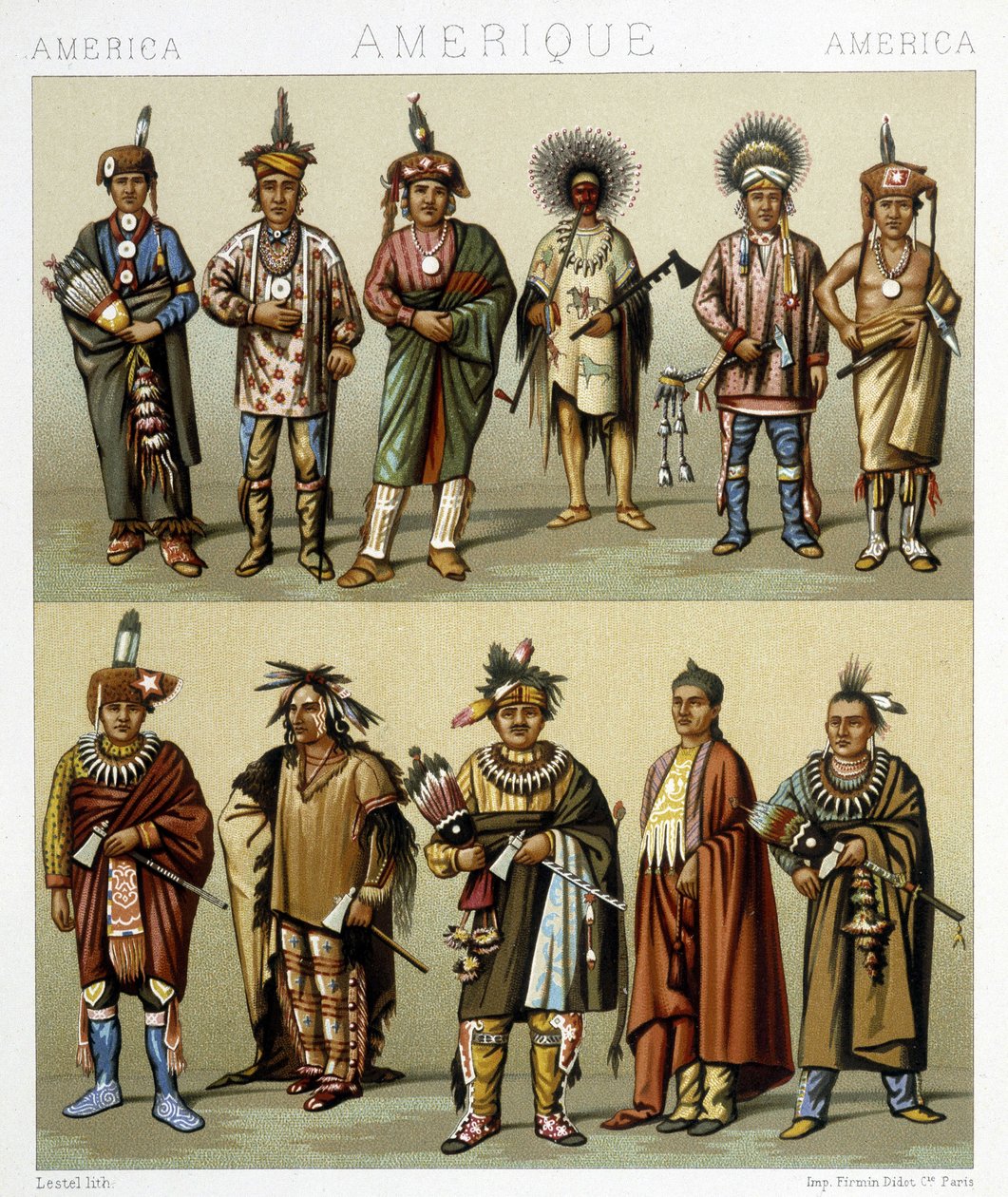 Czerwony kostium szpilek. Ilustracja w „”Strój historyczny””” Racinet autorstwa Albert Charles August Racinet