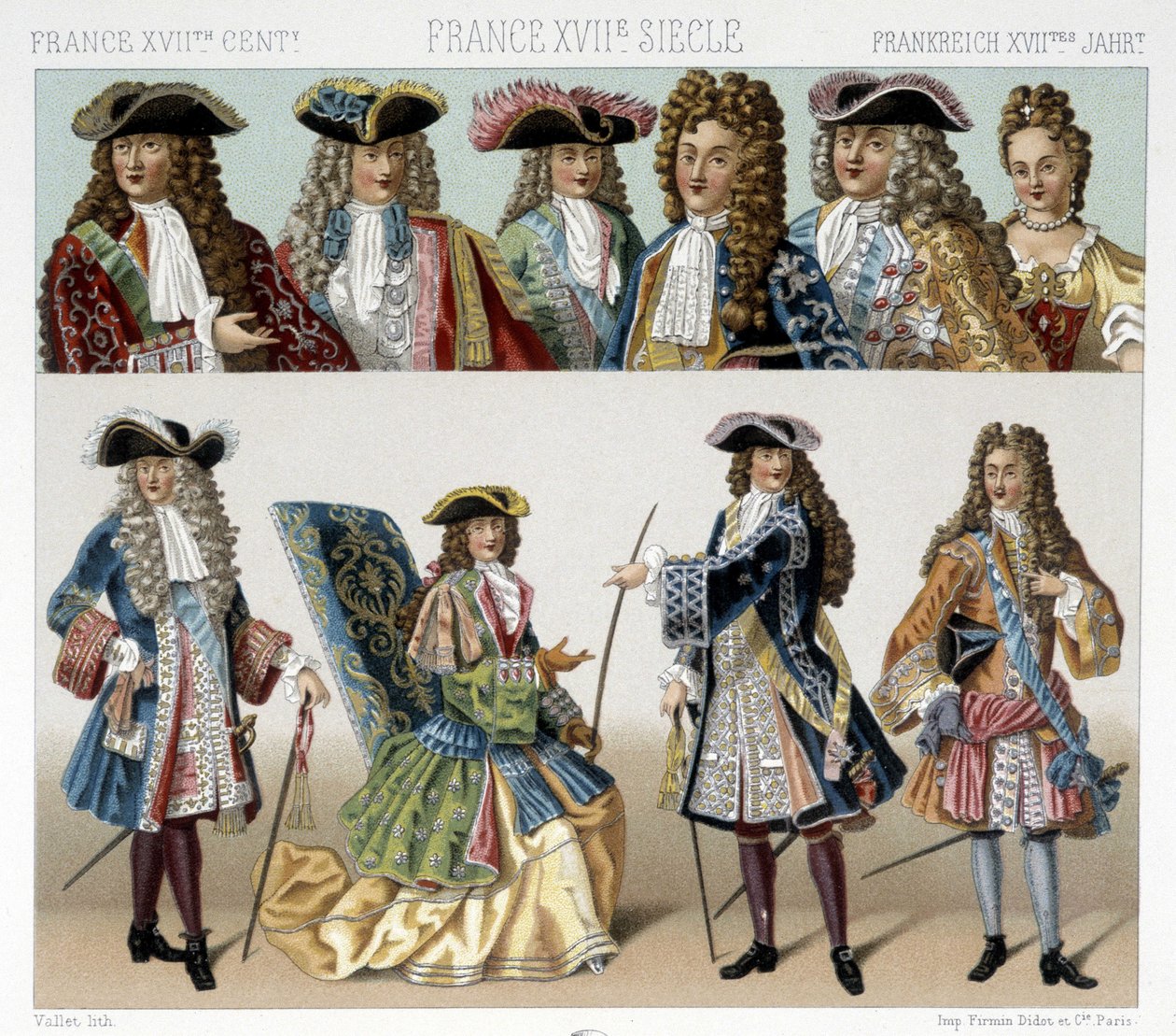 Kostiumy i fryzury szlachty francuskiej w XVIII wieku. Ilustracja w „Le costume historique” autorstwa Racinet autorstwa Albert Charles August Racinet