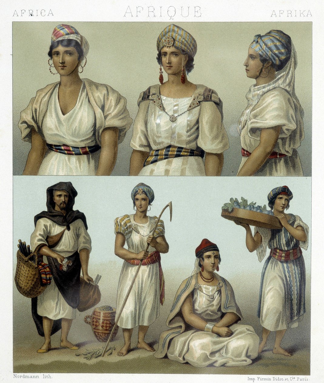 Stroje i nakrycia głowy kobiet kabylskich (u góry). Stroje tunezyjskie i algierskie (na dole). Ilustracja w „Le costume historique” autorstwa Racinet autorstwa Albert Charles August Racinet