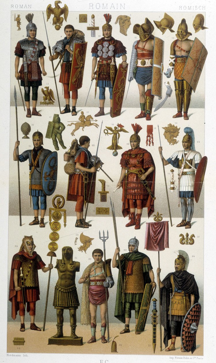 Stroje, zbroje i broń rzymskich żołnierzy, wojowników i gladiatorów starożytności - w „Strój historyczny” autorstwa Racineta autorstwa Albert Charles August Racinet