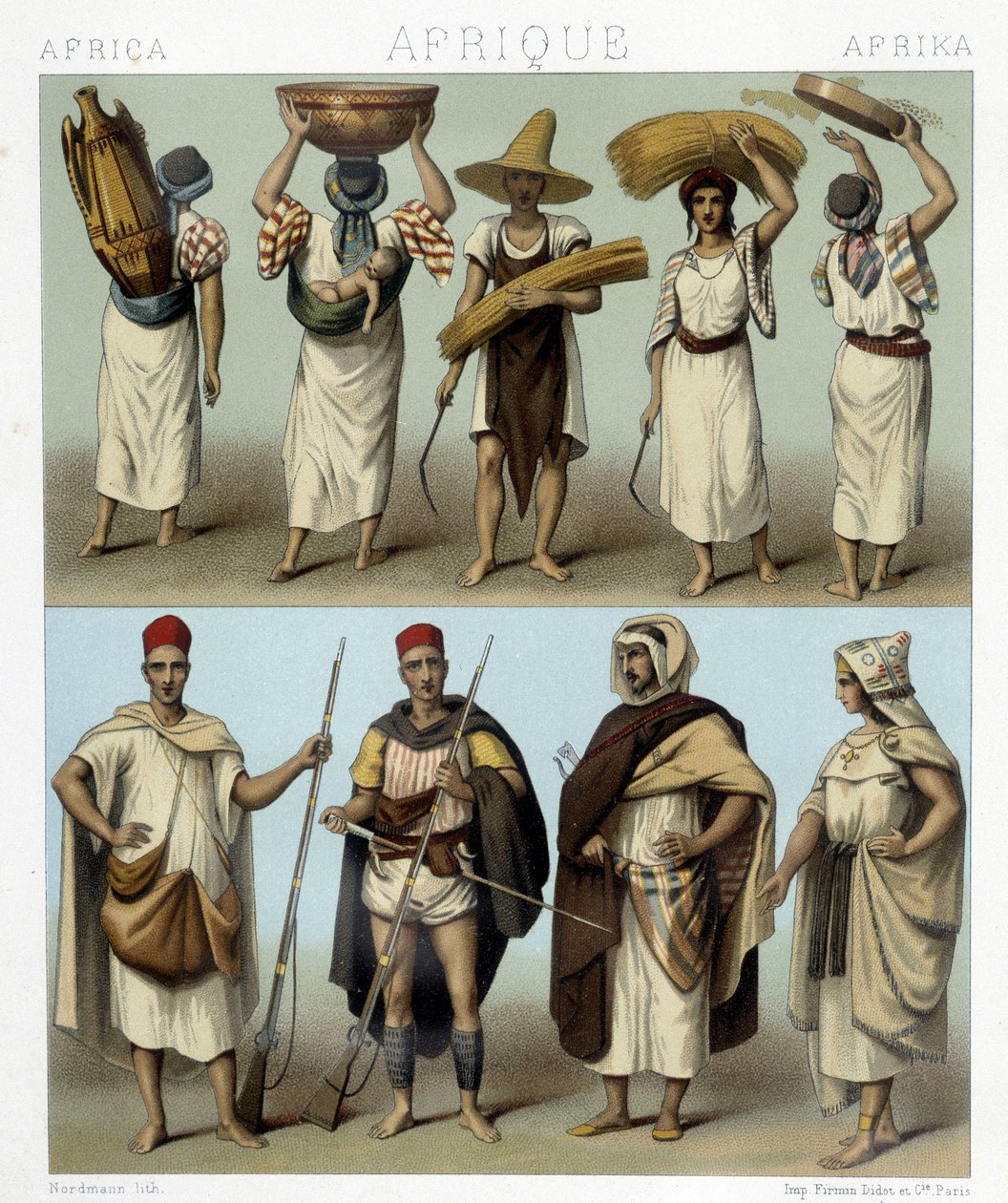 Stroje Algierii i Tunezji. Ilustracja w „Le costume historique” Racinet autorstwa Albert Charles August Racinet