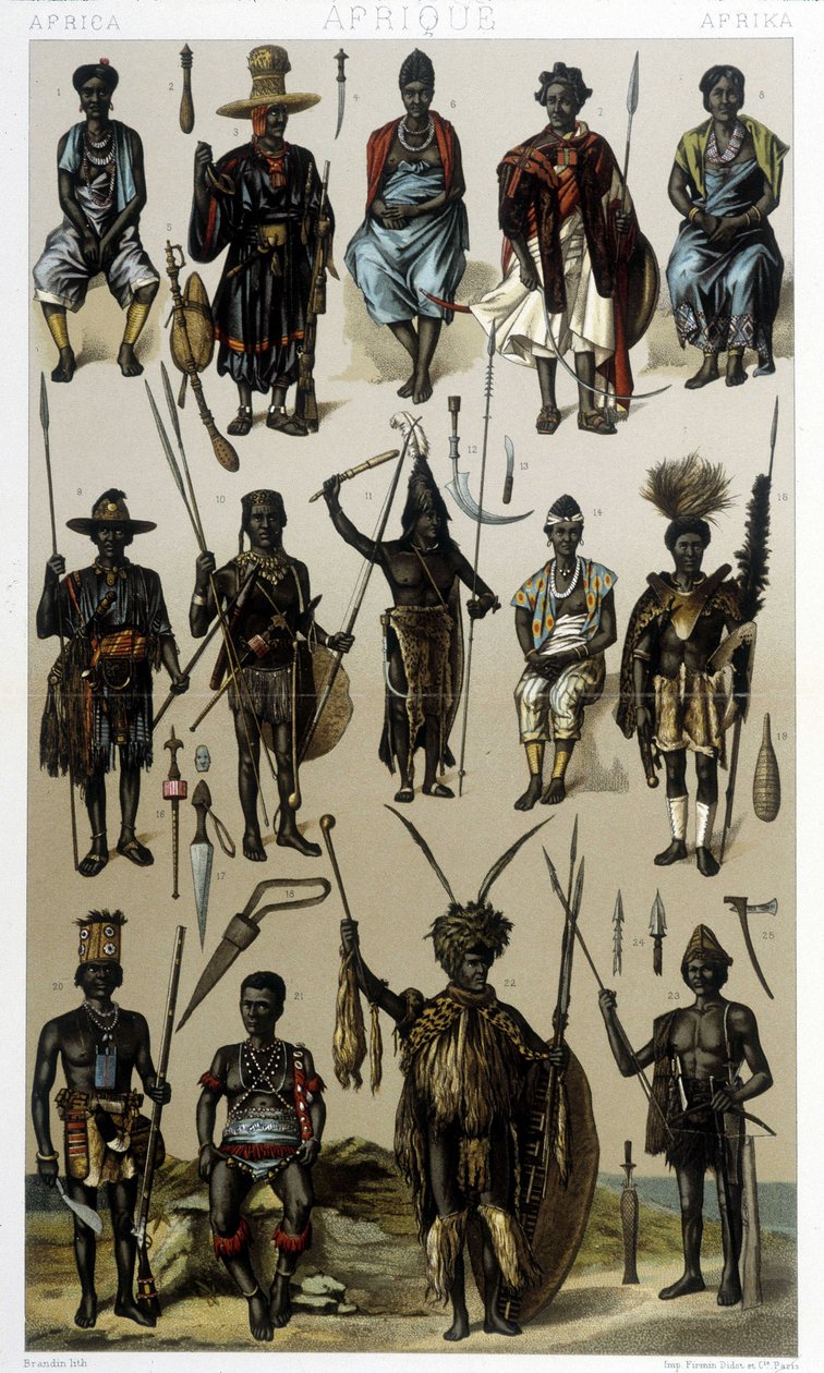 Kostiumy z Gwinei, Senegalu i Gabonu. Ilustracja w „Le costume historique” Racinet autorstwa Albert Charles August Racinet
