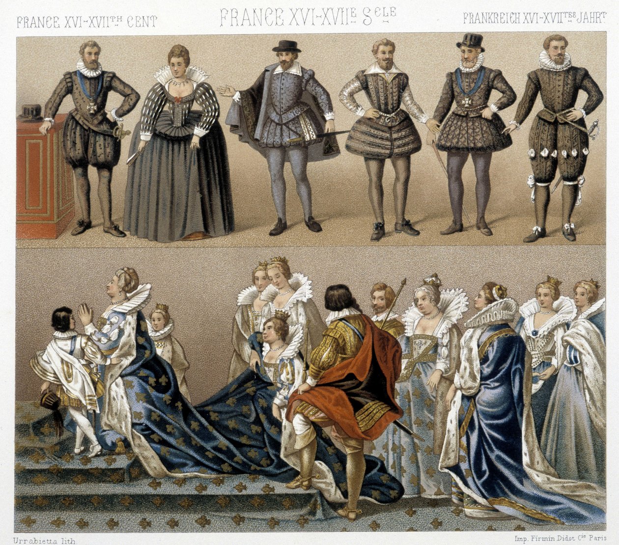 Kostiumy królowej Małgorzaty z Francji (na dole) i Henryka IV (na górze) z XVII i XVIII wieku. Ilustracja w „Le costume historique” autorstwa Racinet autorstwa Albert Charles August Racinet