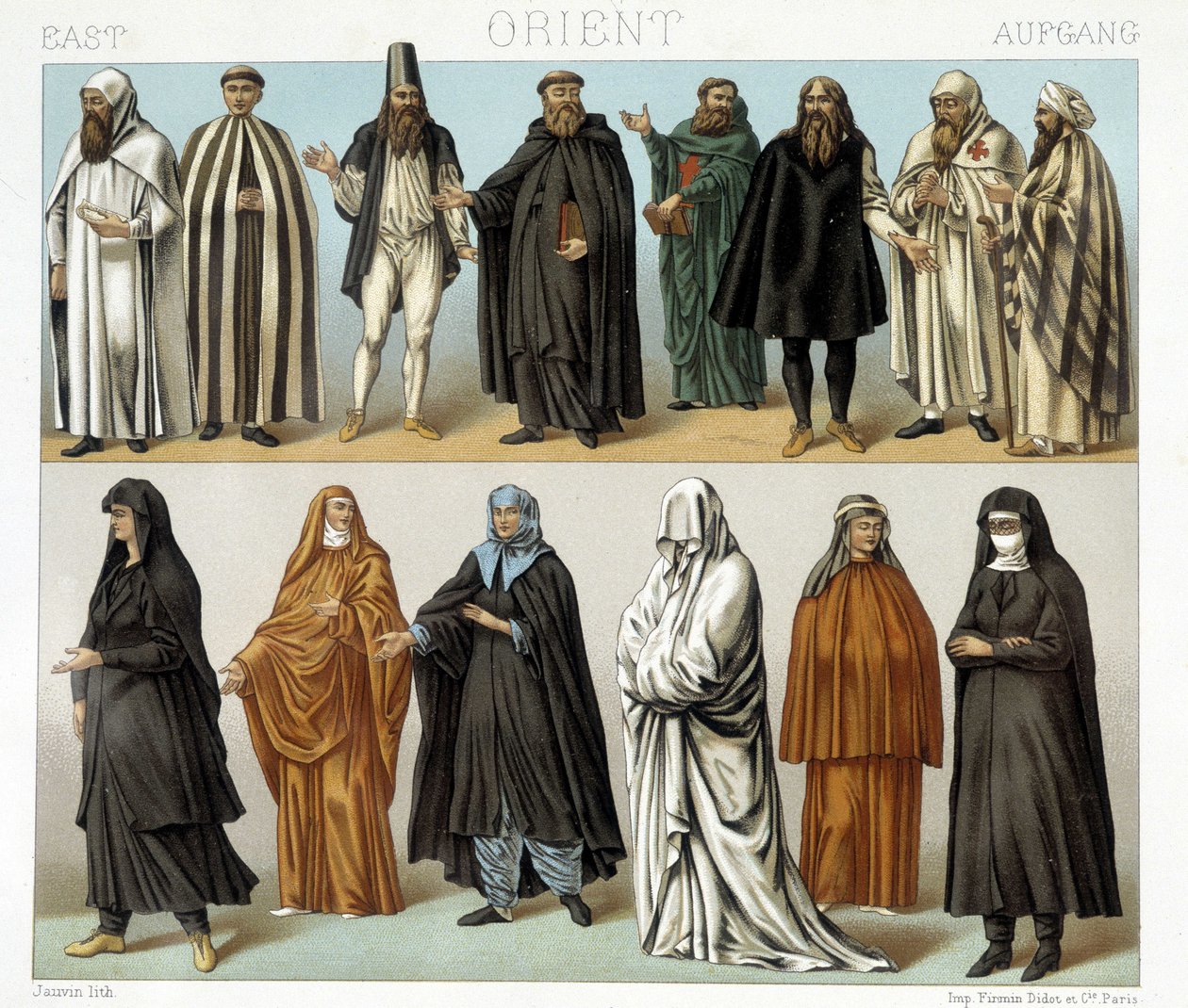 Stroje mnichów i zakonników na Bliskim Wschodzie w XIX wieku. Ilustracja w „Le costume historique” autorstwa Racinet autorstwa Albert Charles August Racinet
