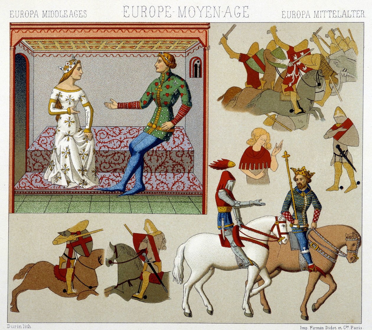 Stroje średniowiecza we Francji. Płyta chromolitograficzna - w „Le costume historique” Racinet autorstwa Albert Charles August Racinet