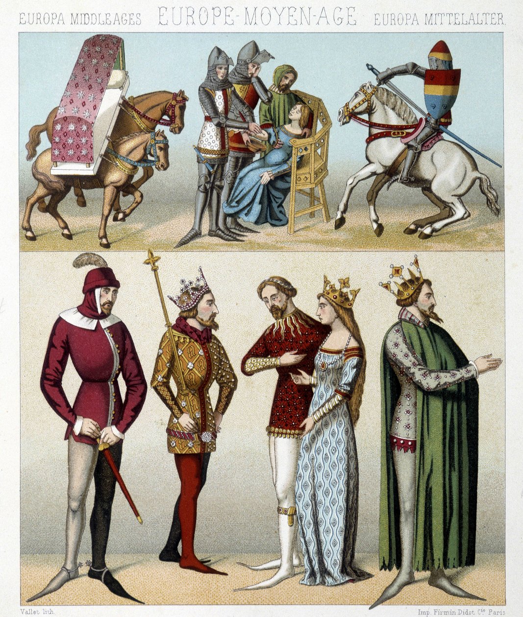 Stroje średniowiecza we Francji. Ilustracja w „Le costume historique” Racinet autorstwa Albert Charles August Racinet