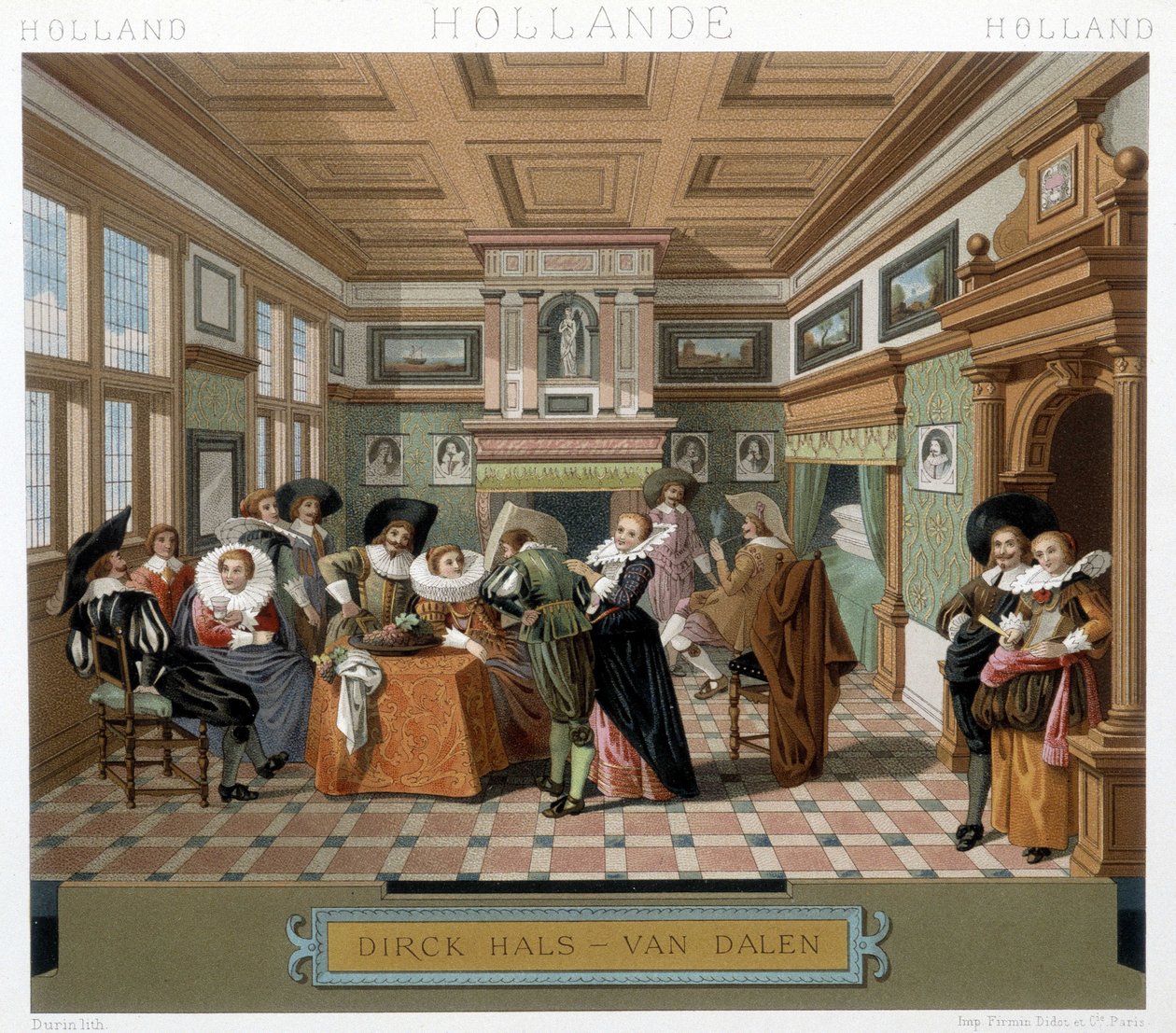 Holenderski w strojach i we wnętrzu z XVIII wieku. Ilustracja w „Le costume historique” autorstwa Racinet autorstwa Albert Charles August Racinet