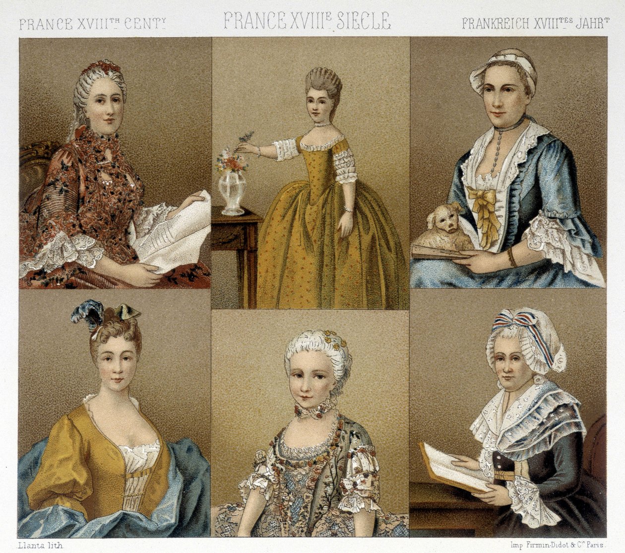 Francuska moda kobieca w XVIII wieku. Ilustracja w „Le costume historique” autorstwa Racinet autorstwa Albert Charles August Racinet