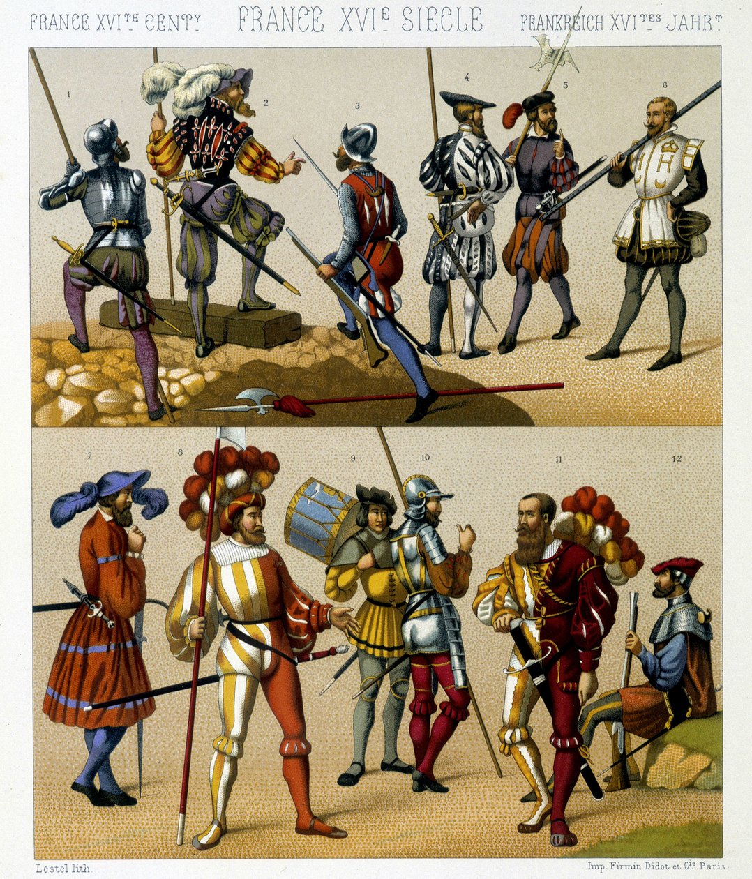 Francuskie stroje wojskowe w XVI wieku. Płyta chromolitograficzna - w „Le costume historique” Racinet autorstwa Albert Charles August Racinet