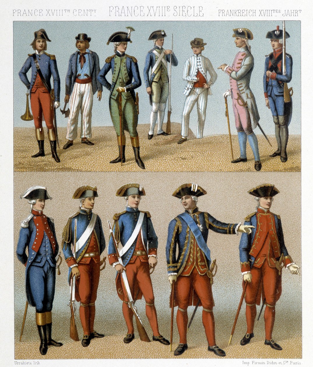 Francuskie stroje wojskowe w XVIII wieku. Ilustracja w „Le costume historique” autorstwa Racinet autorstwa Albert Charles August Racinet
