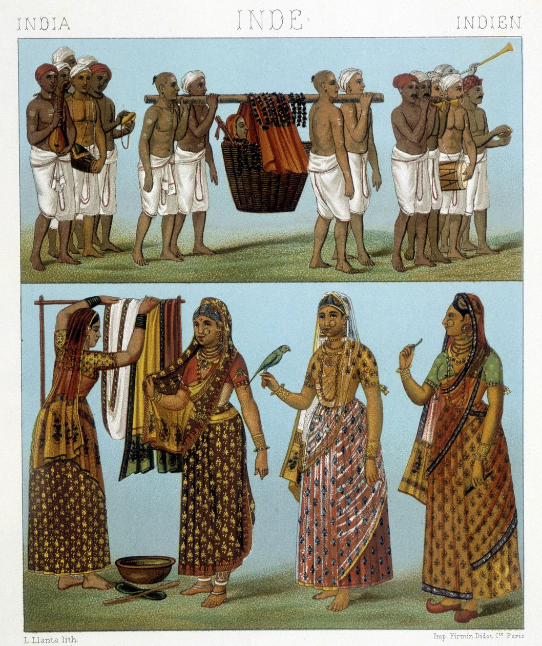 Pogrzeb (na górze zdjęcia) i pranie (na dole) w Indiach. Ilustracja w „Le costume historique” autorstwa Racinet autorstwa Albert Charles August Racinet